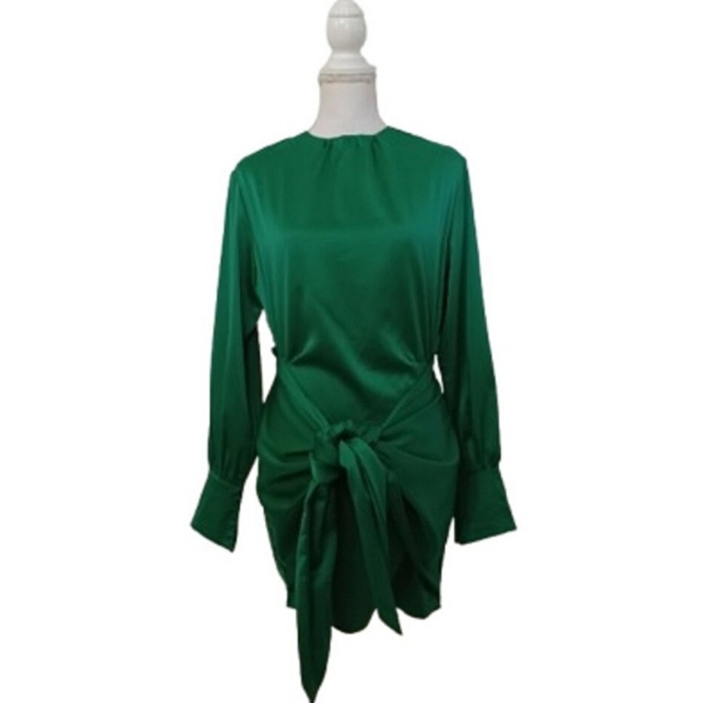 Green Satin Sheen Extreme Shoulder Long Sleeve Tie Front Mini Dress By Nasty Gal